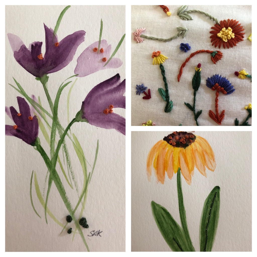 Embroidery stitches on cloth and paper